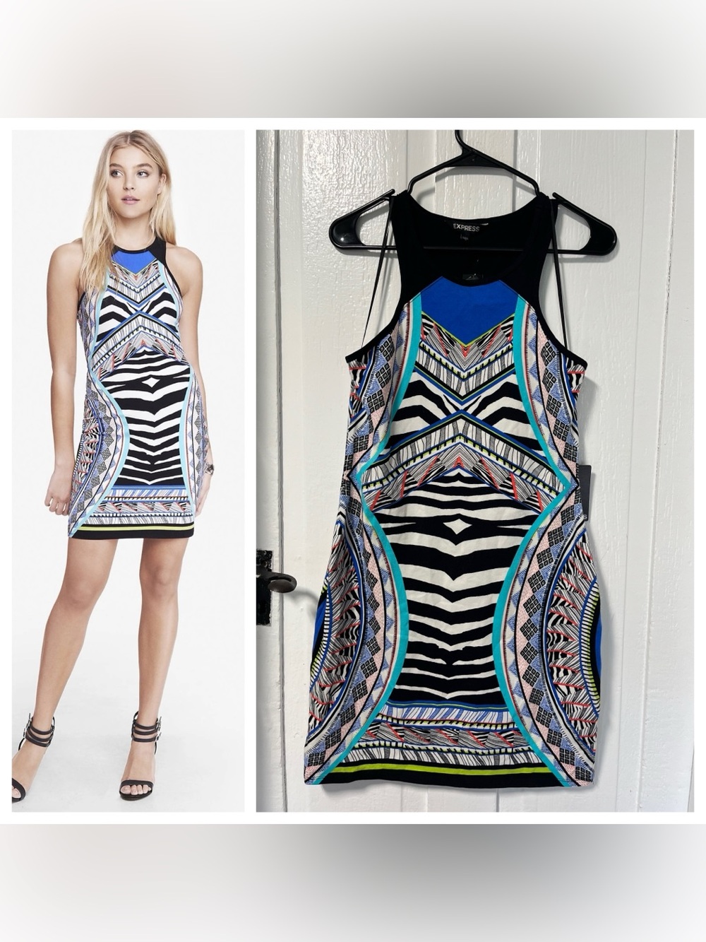NWT Express Neon Tribal Print Racerback Bodycon mini Stretch Dress size Medium